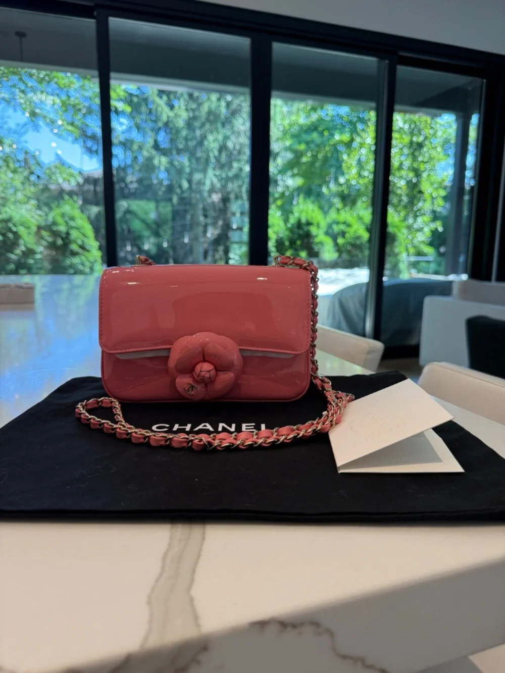 LIKE NEW Chanel Patent Calfskin Small Camellia Single Flap Pink Pre-Owned